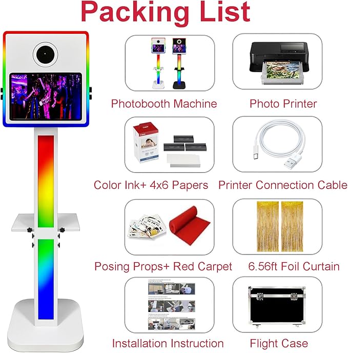 Mirror Photo Booth with Printer Included, 15.6-in Touch Screen Selfie Portable Photobooth Machine for Events Wedding Birthday School Party RGB Lights Stand Flight Case (Black Color+ Printer No Camera)
