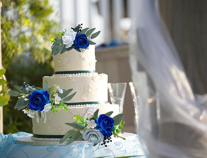 CherishedMoments 3Pcs Cake Topper Set, Wedding Artificial Flowers Decor Navy Blue Cake Topper Decorations for Wedding Ceremony Anniversary, Wedding Home Decor,Seaside Wedding