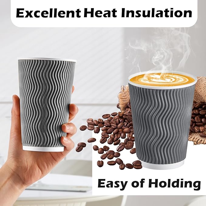 Lamosi 500 Count 8 oz Insulated Coffee Cups Bulk, Disposable Paper Cups No Lids 8oz, Corrugated Ripple Wall Design for Hot Beverage (Grey)
