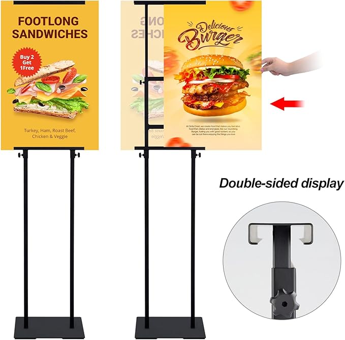 Heavy Duty Banner Stand with Non-slip Mat Base, Adjustable Pedestal Poster Stand Up to 82 inches, Double Side Show Sign Stand, Connected Show Floor Standing Sign holder for Outdoor Display