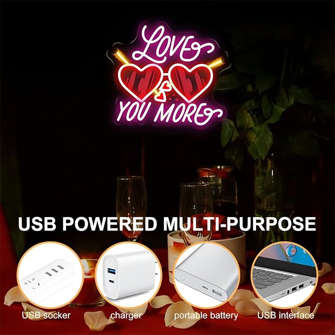 Love You More Neon Sign for Wall Decor, Playful Heart LED Neon Light with Sparkle Detail for Date Night Bedroom Party Decor, Romantic Neon Wall Art for Valentine’s Day Couple Decor 15"x13"