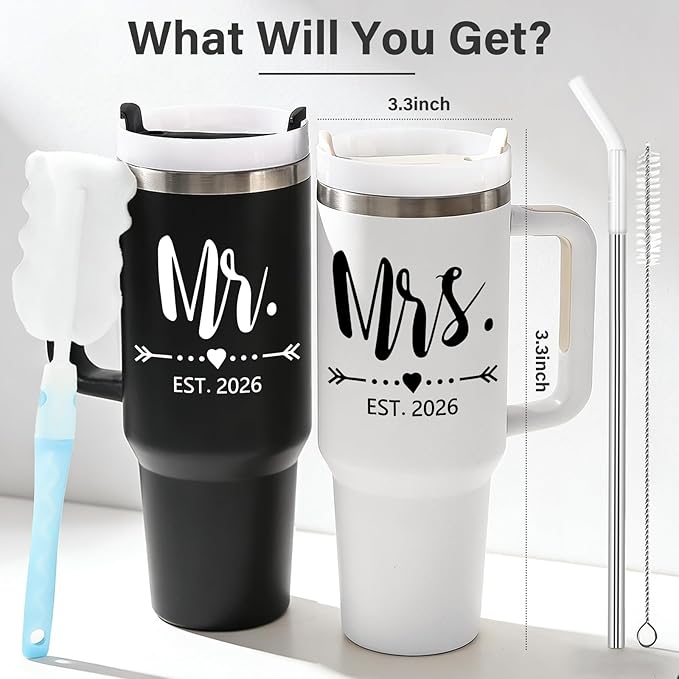 Qtencas Mr and Mrs Gifts, Wedding Gifts for Couples 2026, Mr & Mrs Insulated Tumblers Set, Anniversary Engagement Wedding Gift for Newlyweds Couples Bride and Groom (Black & White)