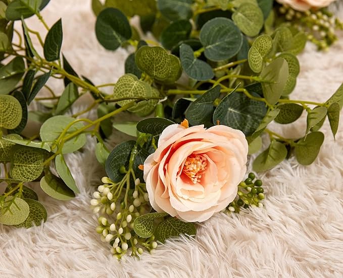 PARTY JOY 2pcs 6.56ft Eucalyptus Garland with Flowers-8 Pink Roses-Lush,Natural Looking, Floral Garland Greenery for Party Wedding Table Indoor Outdoor Backdrop Wall Decor（Pink）