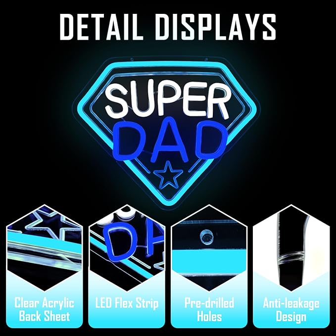 Ajoyferris Fathers Day Neon Sign Super Dad Led Sign Dimmable Father‘s Day Decorations New Dad Neon Lights Super Dad Decorations for Father Dad Birthday Gifts