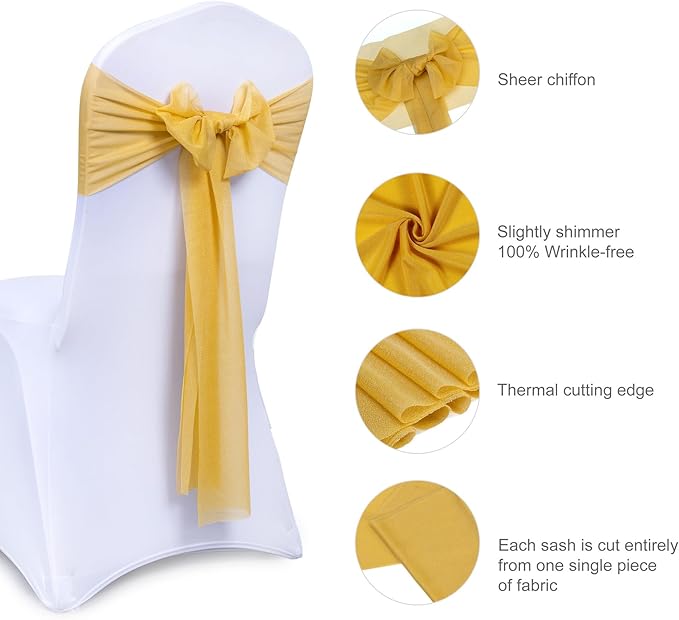 VDS Pack of 250, Gold, Sheer Chiffon Chair Sashes Bows Chair Cover Back Tie Ribbon for Wedding Birthday Baby Shower Engagement Ceremony Event Party Banquet Restaurant Dining Chair Decoration