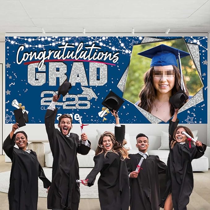Custom Garaduation Garage Door Banner Cover 16 x 7 ft Class of 2026 Congrats Grad Party Backdrop Personalized Graduation Decoration(Blue and Silver)