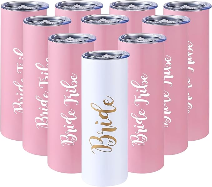 10 Pack Bride to Be Skinny Tumbler | 20 oz Bride Tribe Stainless Steel Wine Tumblers | Engagement Wedding Gifts Bridesmaids Mugs Bachelorette Party Supplies & Games