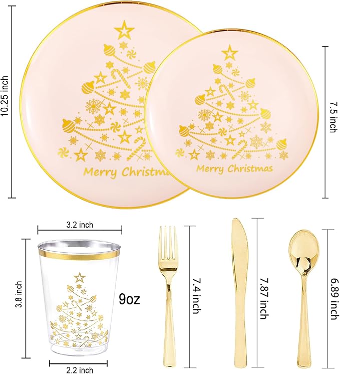 LIYH 150 Pcs Christmas Dinnerware Set Disposable - Pink and Gold Plastic Christmas Plates - Gold Tree Design, Plastic Silverware,Cups for 25 Guests for Xmas Day
