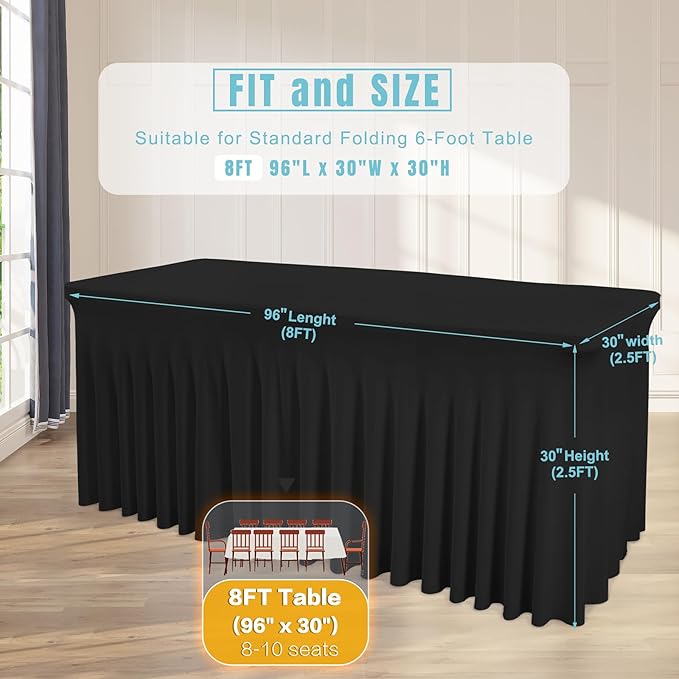 1 Pack Black Table Clothes for 8 Foot Rectangle Tables, Wrinkle Resistant Stretch Spandex Table Covers Fitted Tablecloth with Skirt for Event Banquet Wedding Birthday Party