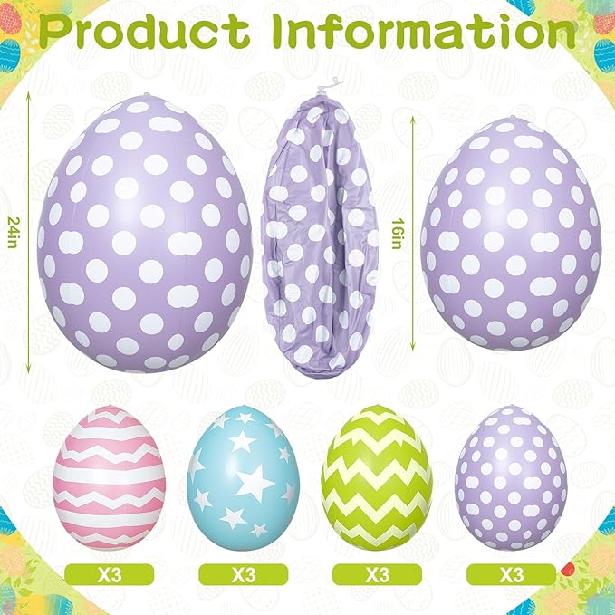 12 PCS Inflatable Easter Eggs Decorations - Large PVC Colorful Egg Easter Inflatable Outdoor Ornaments Decorations for Holiday Party, Yard, Home, Indoor & Outdoor(16 Inch, 24 Inch)