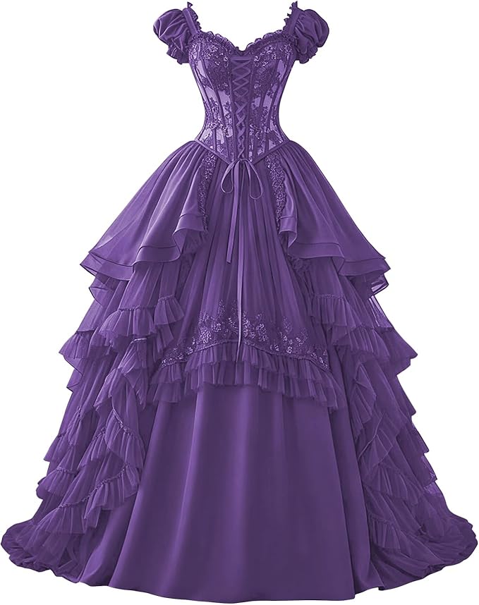 Ftupza Gothic Wedding Dresses Lace Appliques 1800s Victorian Dresses for Women Layered Tulle Prom Dress Long Ball Gown