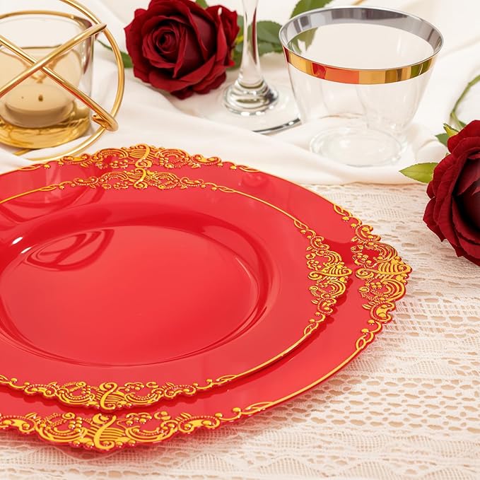 Nervure 100PCS Red and Gold Plastic Plates - 10.25inch Red Disposable Plates - Heavyweight Dinner Plate for Wedding & Party