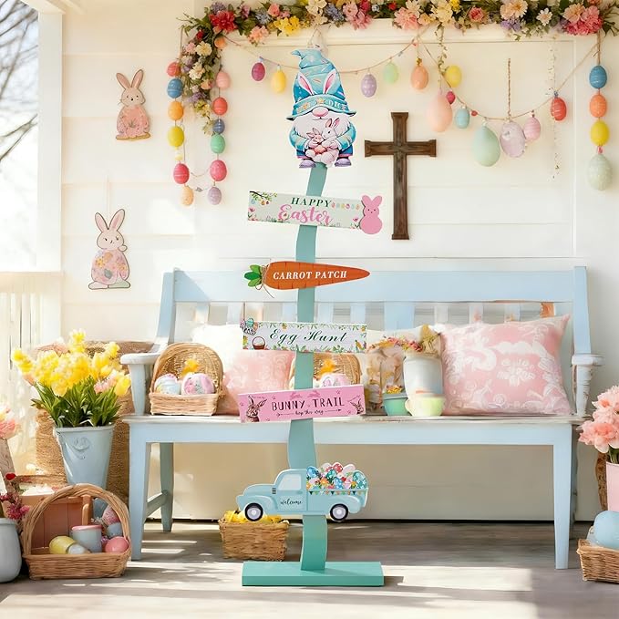 45.6" Happy Easter Welcome Wooden Porch Sign| Spring Easter Carrot Rabbit Standing Decorative Signs For Front Door Outdoor Indoor Yard Decor