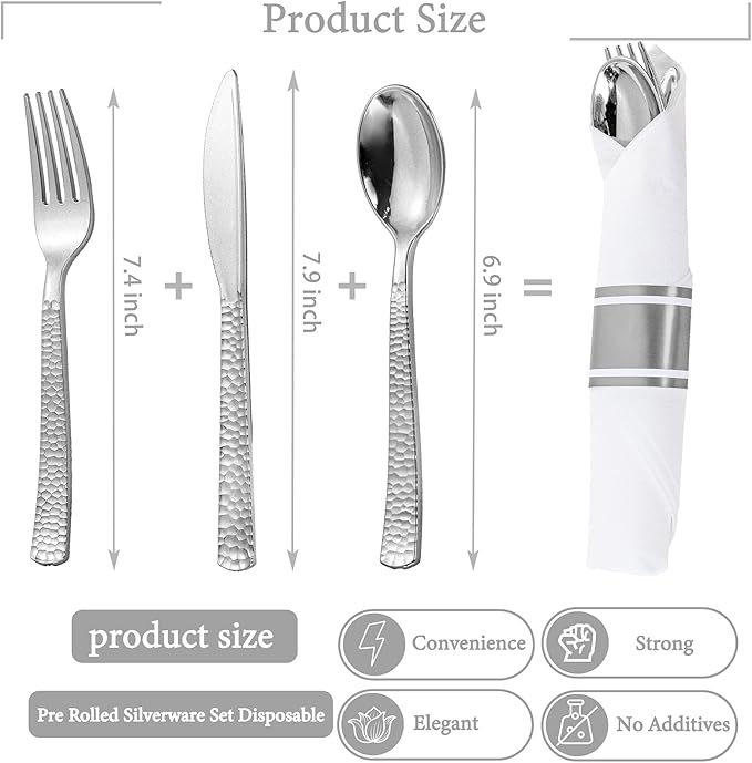 WELLIFE 75 Pack Silver Plastic Silverware,Pre Rolled Silverware Set Disposable,Disposable Cutlery Includes: 75 Forks, 75 Knives, 75 Spoons, 75 Napkins,Plastic Utensils for Party and Wedding