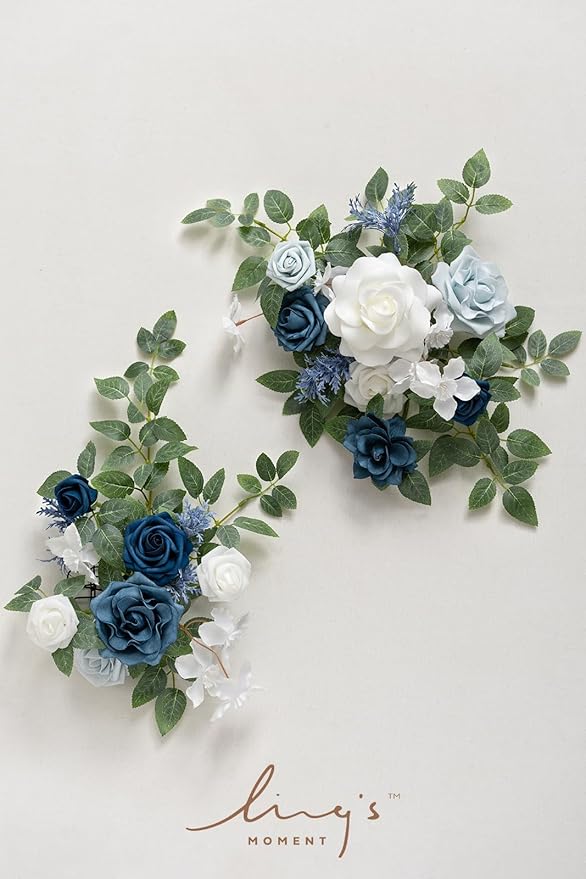 Ling's moment 2pcs Fall Wedding Artificial Floral Swag Welcome Sign Flowers Backdrop Garland Dusty Blue Navy for Ceremony Reception Door Wall Easel Home Decoration Entryway Outdoor Head Table Decor