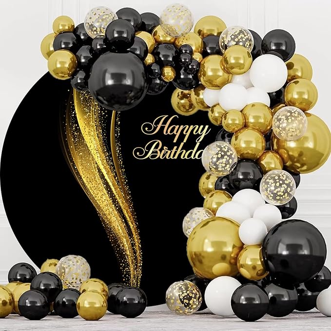 Gold Happy Birthday Round Backdrop Cover 7.5ft Black Round Photography Background Shining Gold Sequins Black Arch Backdrop Cover for Women Man Birthday Party Banner Adult Chidren Photo Props