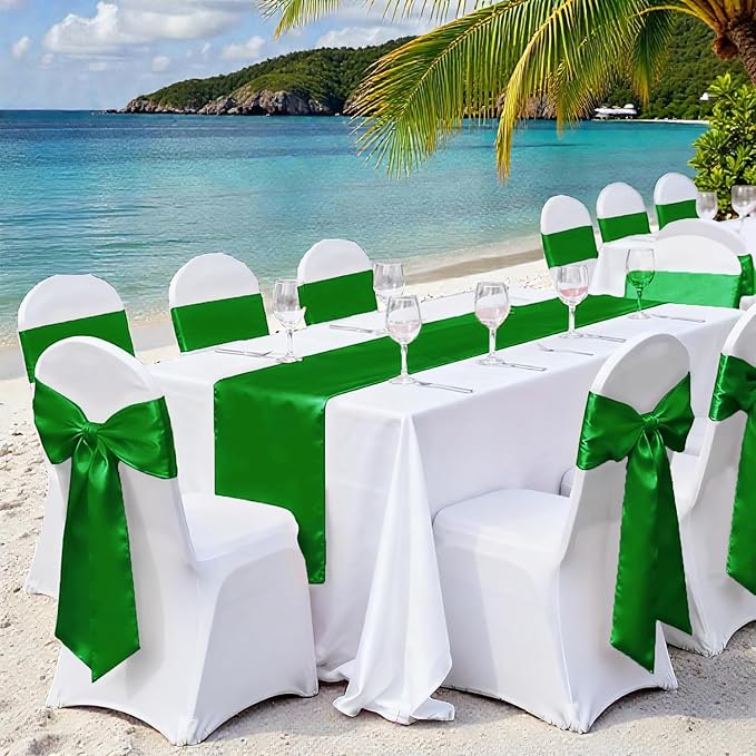 VDS Satin Chair Sashes Chair Cover Back Tie Sateen Bows Ribbon for Wedding Birthday Graduation Engagement Ceremony Event Party Banquet Venue Hotel All Dining Chair Decoration (300PC) (Green)