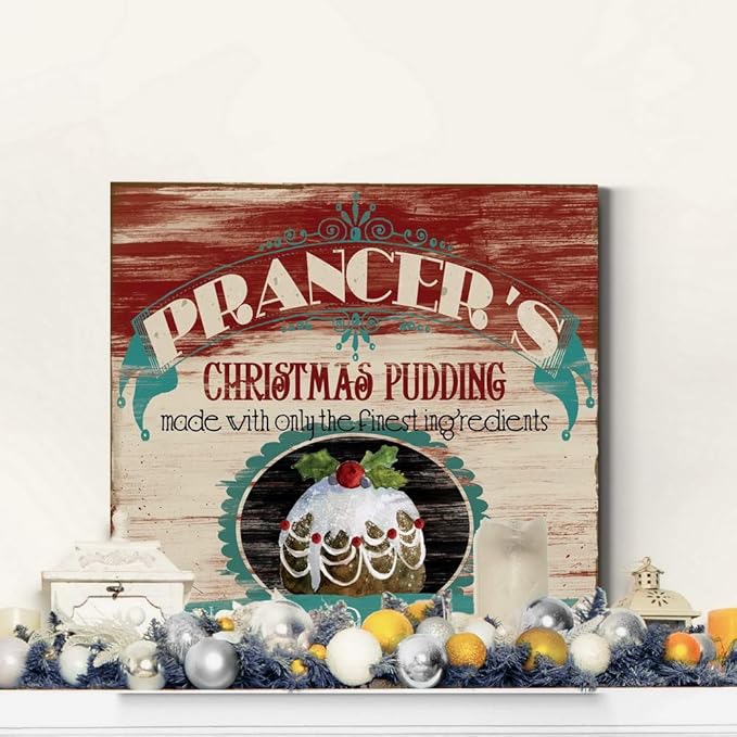 Renditions Gallery Prancer's Christmas Pudding Wall Art, Cute Winter Decor, Vintage Faux Wood Look, Festive, Premium Gallery Wrapped Canvas, Ready to Hang, 40 in H x 40 in W, Made in America