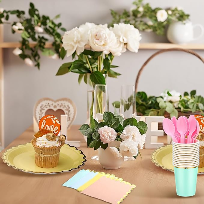 Yaomiao 336 Pcs Plates and Napkins Party Supplies Disposable Dinnerware Set Scalloped Plates Cups Napkin with Plastic Forks Knives Spoons Serve 48 Guests for Birthday Wedding (Rainbow,Classic)