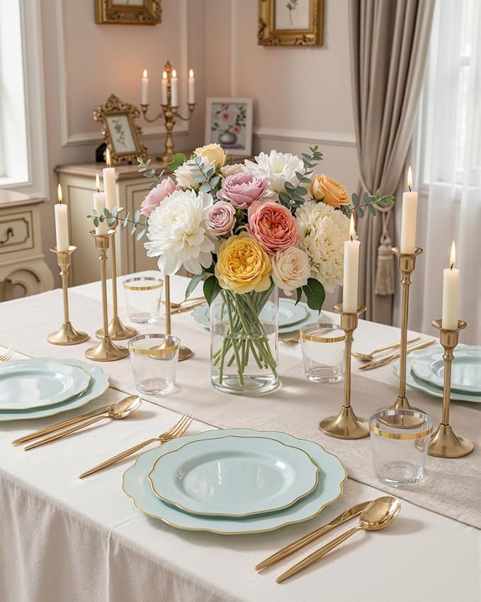 bUCLA 180PCS Green Plastic Plates - Disposable Sage Green with Gold Rim - Include 30 (Dinner & Dessert) Plates, 30 Knives, 30 Forks, 30 Spoons and 30 Cups for Party & Spring