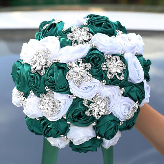 Bridal Wedding Bouquet for Bride Bridesmaid Wedding Quinceanera Throw Toss Artificial Rose Flower Bunch with Bling Brooch (AS#DarkGreen White, Large (Dia. 9.8"/24cm))