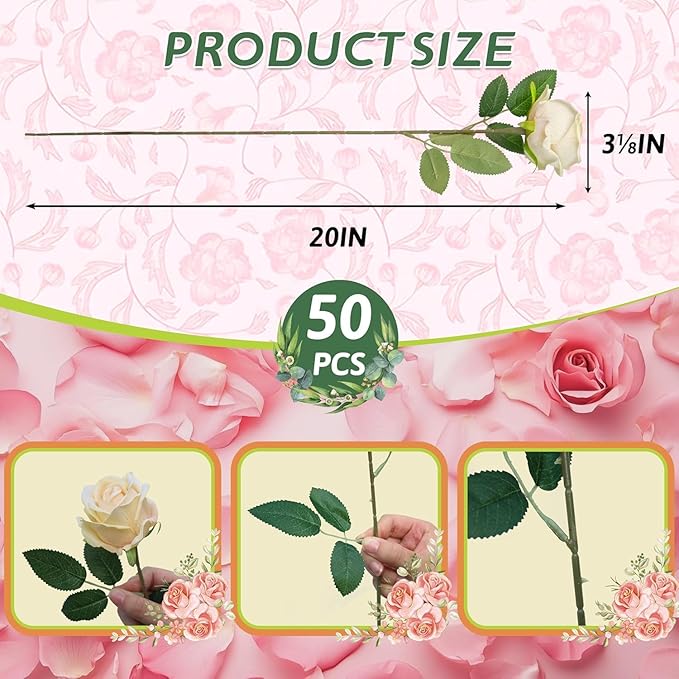 100 PCS Fake Champagne Roses, Artificial Champagne Flowers Bulk Realistic Silk Faux Rose with Stems for Wedding Decoration Anniversary Bridal Bouquet DIY Floral Arrangement Romantic Home Decor Gifts