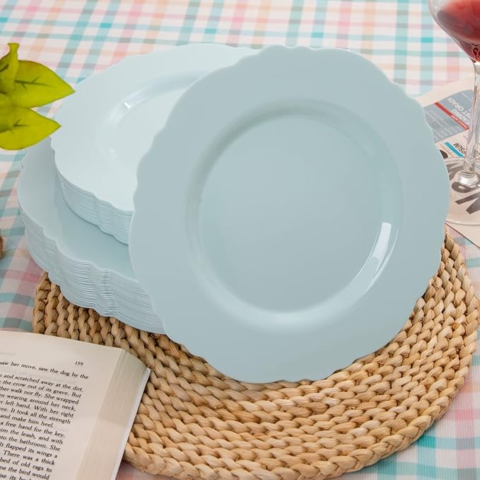 WDF 60pcs Mint Green Plastic Plates - Baroque Dinner Plates Including 30 Green Plates Disposable10.25inch, 30 Dessert Plates 7.5inch for Upscale Wedding, Parties