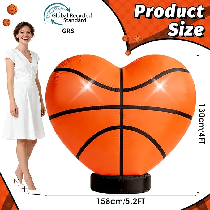 Eyourlife 4 FT Valentine Basketball Inflatable Decoration,Giant Heart Basketball Blow-Up with Built-in 1Blower 2LED for Basketball Court Yard Indoor/Outdoor Coach Player Couple Valentine Decor