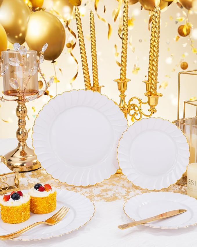 YOUBET 175PCS Gold Scalloped Plastic Plates - White and Gold Disposable Dinnerware Set Include 50 Plates, 75 Gold Silverware, 25 Cups, 25 Napkins for Party & Wedding
