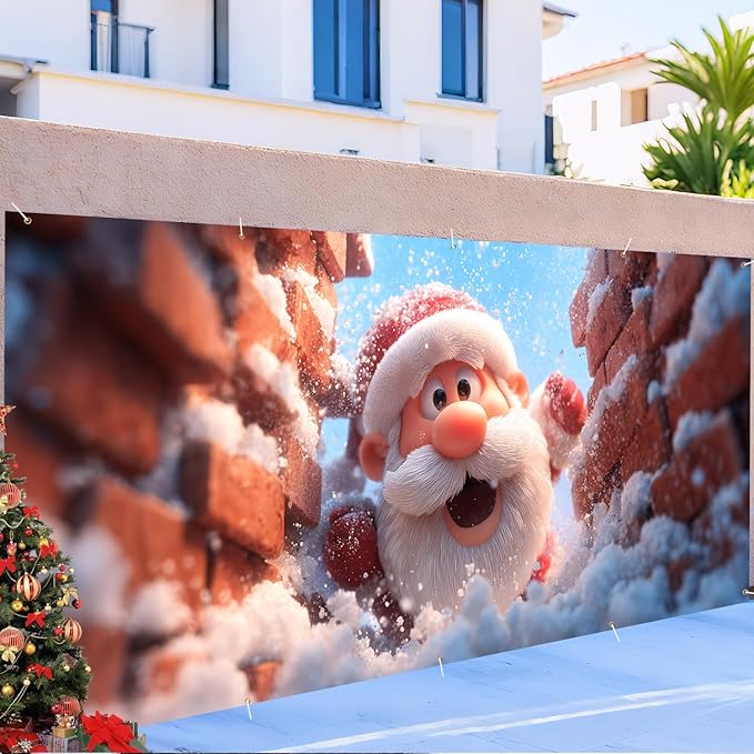 Santa Claus Christmas Garage Door Banner 7x16FT, Holiday Decoration for Garage Doors, Outdoor Xmas Scene with Santa and Snowfall, Large Garage Cover for Christmas