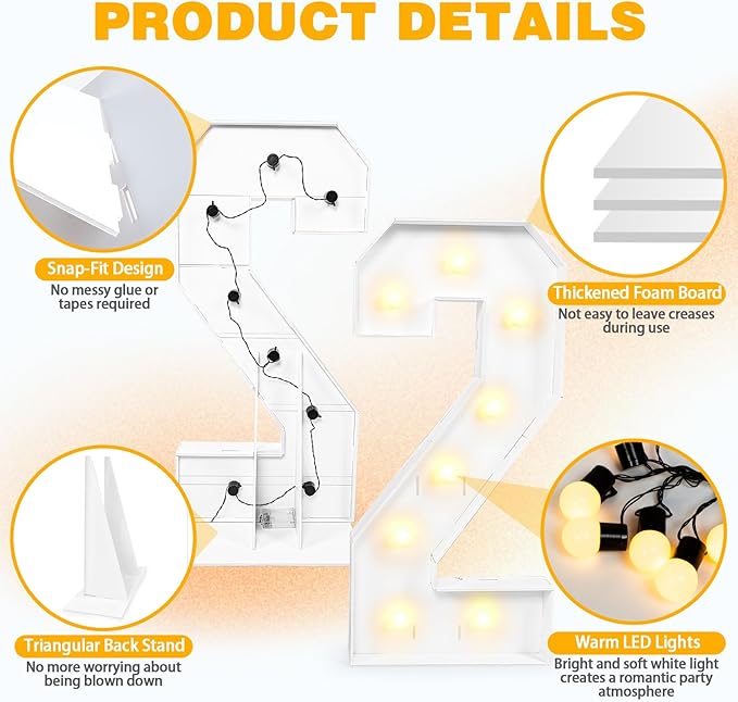 Marquee Light Up Numbers 2026, 3FT Large Number LED Lights Party Supplies, Giant DIY Pre-Cut Foam Board Set for Balloon New Year Christmas Birthday Wedding Back to School Graduation Class Decoration