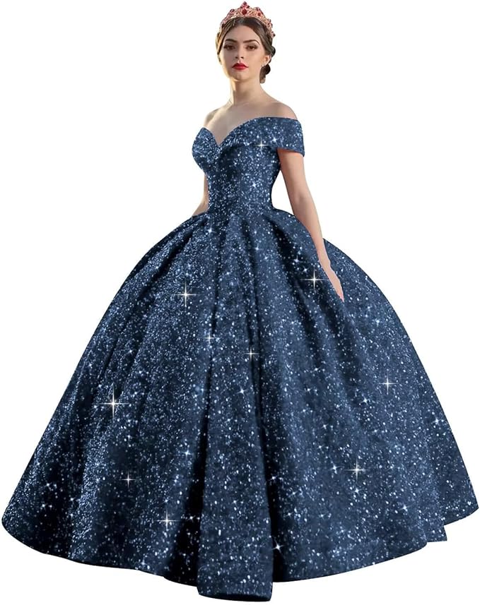 Quinceanera Dress Long Ball Gown Sparkly Sequin Off Shoulder V Neck Prom Dresses