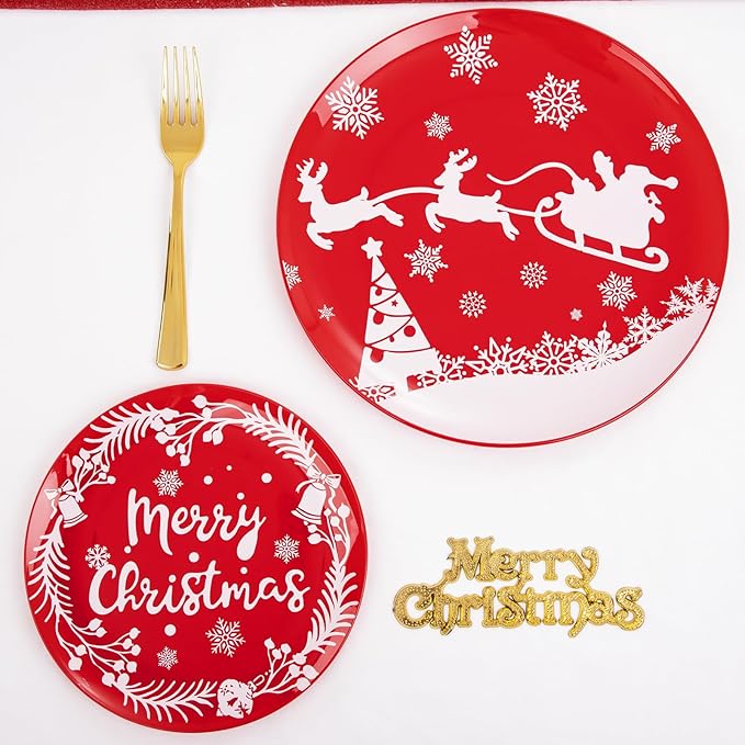 LIYH 150 Pcs Plastic Christmas Dinnerware Set, Red Christmas Plates with Reindeer Design, Gold Plastic Silverware, Xmas Gold Cups, Festive Holiday Tableware Party Supplies