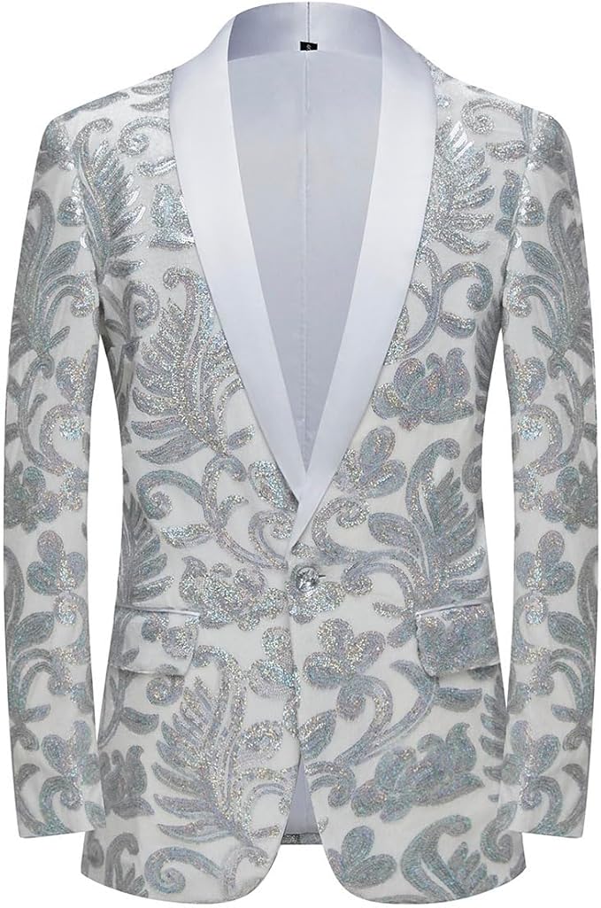 Men Fashion Velvet Sequins Floral Pattern Suit Jacket Blazer