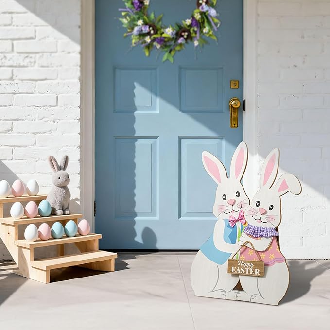 Glitzhome Set of 2 24"H Easter Wooden Bunny Porch Decor,Vertical Welcome Sign for Front Door Outdoor Spring Easter Party Decor