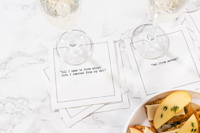 Five Star Funny Cat Quotes | White Cotton Cocktail Napkins | 50 Luxury Disposable Beverage Napkins with Witty Bar Quotes | Drink Napkins for Parties, Bars, Weddings & Game Nights