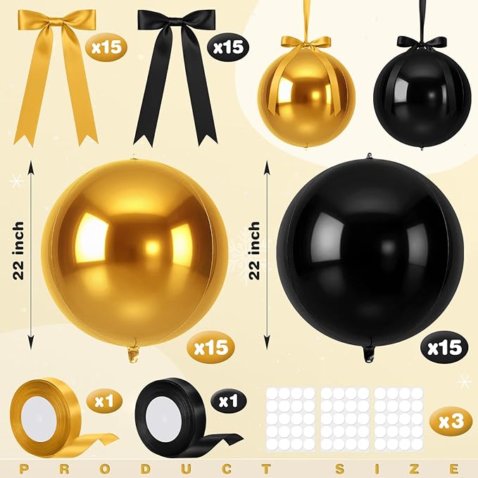 Jenaai 30 Set Round Foil Balloons Bulk 22 Inch 4d Metallic Giant Balloons Set with Satin Bows Ribbon for Ceiling Holiday Ornaments New Year Birthday Wedding Party Decoration(Black Gold)