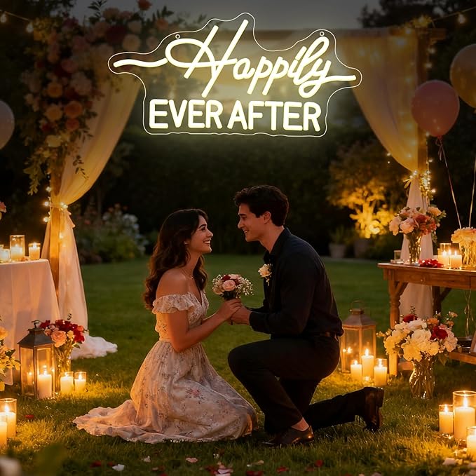 Happily Ever After LED Neon Light Sign, Wedding Neon Lights for Bachelorette Bridal Engagement Party Decoration Bridal Shower Wall Decor Valentine's Day Night Light Dimmable USB Powered(16.9"*7.9")