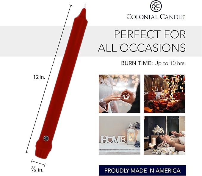 Colonial Candle Unscented Taper Candle, Classic Collection, Traditional Cranberry, 12 In, Pack of 12 - Up to 10 Hours Burn