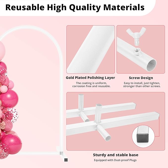 7.2 ft White Metal Balloon Arch Stand, Arch Backdrop Stand with Stable Base, 50 Balloons, Balloon Chain – Easy-to-Install Wedding, Birthday, Baby Shower & Garden Party Decoration