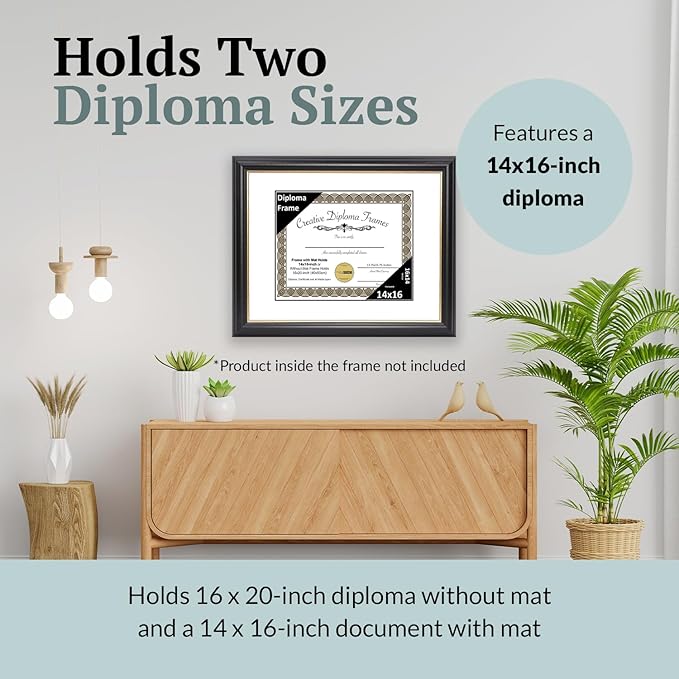 Creative Picture Frames 14" x 16" Rockefeller Black with Gold Rim Diploma Frame, Displays 14" x 16" Certificate or 16" x 20" Document without Mat, College Degree Frame, Full-Strength Glass, White Mat