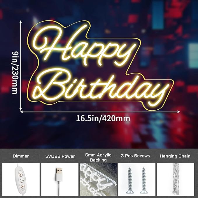 Decorative Signage - 16.54x9.06in Acrylic Birthday Neon Sign, Warm Light, Reusable, USB Powered, Dimmable, Wall Mount, Includes Chain, Screws, Hooks