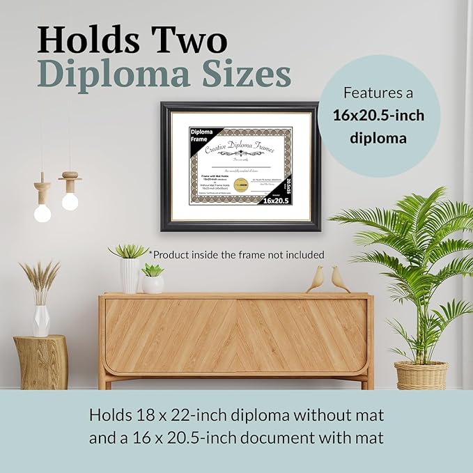 Creative Picture Frames 16" x 20.5" Rockefeller Black w/Gold Rim Diploma Frame, Displays 16" x 20.5" Certificate or 18" x 22" Document w/o Mat, College Degree Frame, Full-Strength Glass, White Mat