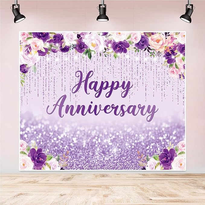 10x8ft Happy Anniversary Backdrop, Floral Glitter Backdrop for Women Wedding Anniversary Decoration Violet and Pink Flowers Photography Background Cake Table Banner Party Decor