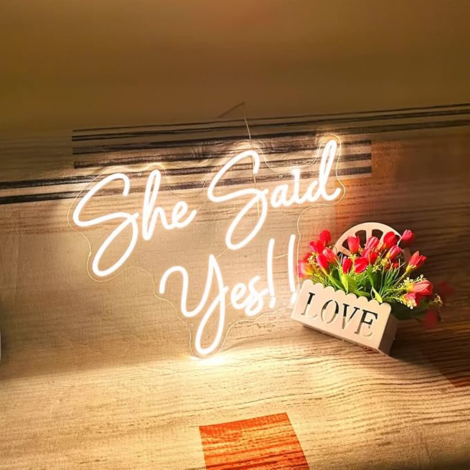 Large She Said Yes Neon Sign 23x16.3” Warm White for Wedding Proposal Party, Wall Décor, Flex Led Neon Light Signs for engagement party, Wedding Decoration, Romantic Neon Sign gift