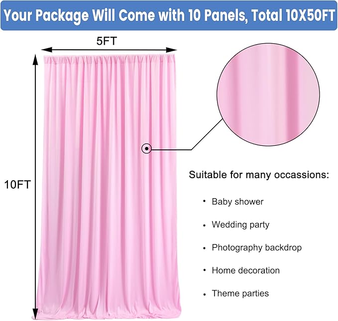 50 ft x 10 ft Wrinkle Free Pink Backdrop Curtain Panels, Polyester Photography Backdrop Drapes, Wedding Party Home Decoration Supplies