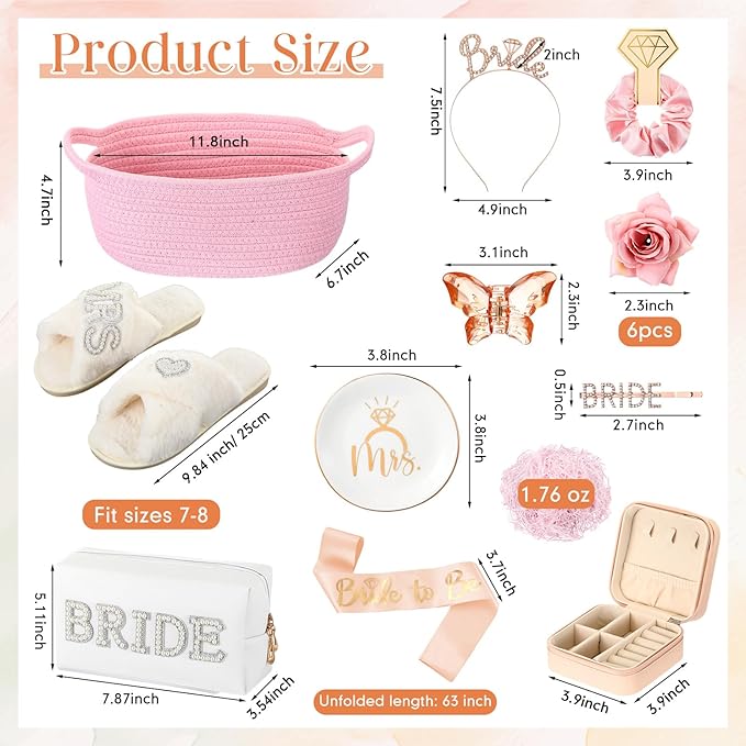 Baderke 17 Pcs Bride to Be Gift Basket for Bridal Shower, Bridal Box with Basket, Makeup Bag, Slippers, Headband, Sash, Mrs Ring Dish, Jewelry Box and More for Wedding Engagement Gift(Pink)