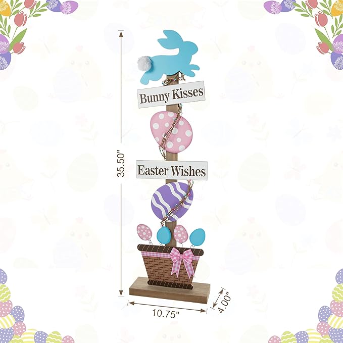 Glitzhome 35.5"H Easter Wooden Bunny and Eggs Porch Decor, Easter Welcome Sign Decorations for Home or Yard