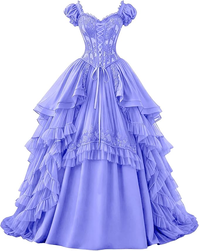 Ftupza Gothic Wedding Dresses Lace Appliques 1800s Victorian Dresses for Women Layered Tulle Prom Dress Long Ball Gown