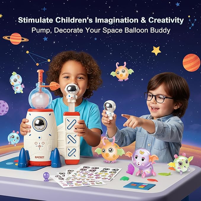 Space Rocket Sticky Balloon with Pump - 219 Pcs DIY Balloon Animals Kit, Creative Sticky Balloon Maker Toy for Kids with Strickers, Accessories, Birthday Gifts for Boys Girls Ages 3+